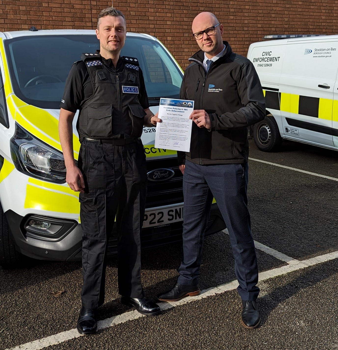 Pictured L-R: Chief Inspector Dan Heron from Stockton’s Neighbourhood Policing Team and Civic Enforcement Manager for Stockton Council Richard Bradford 