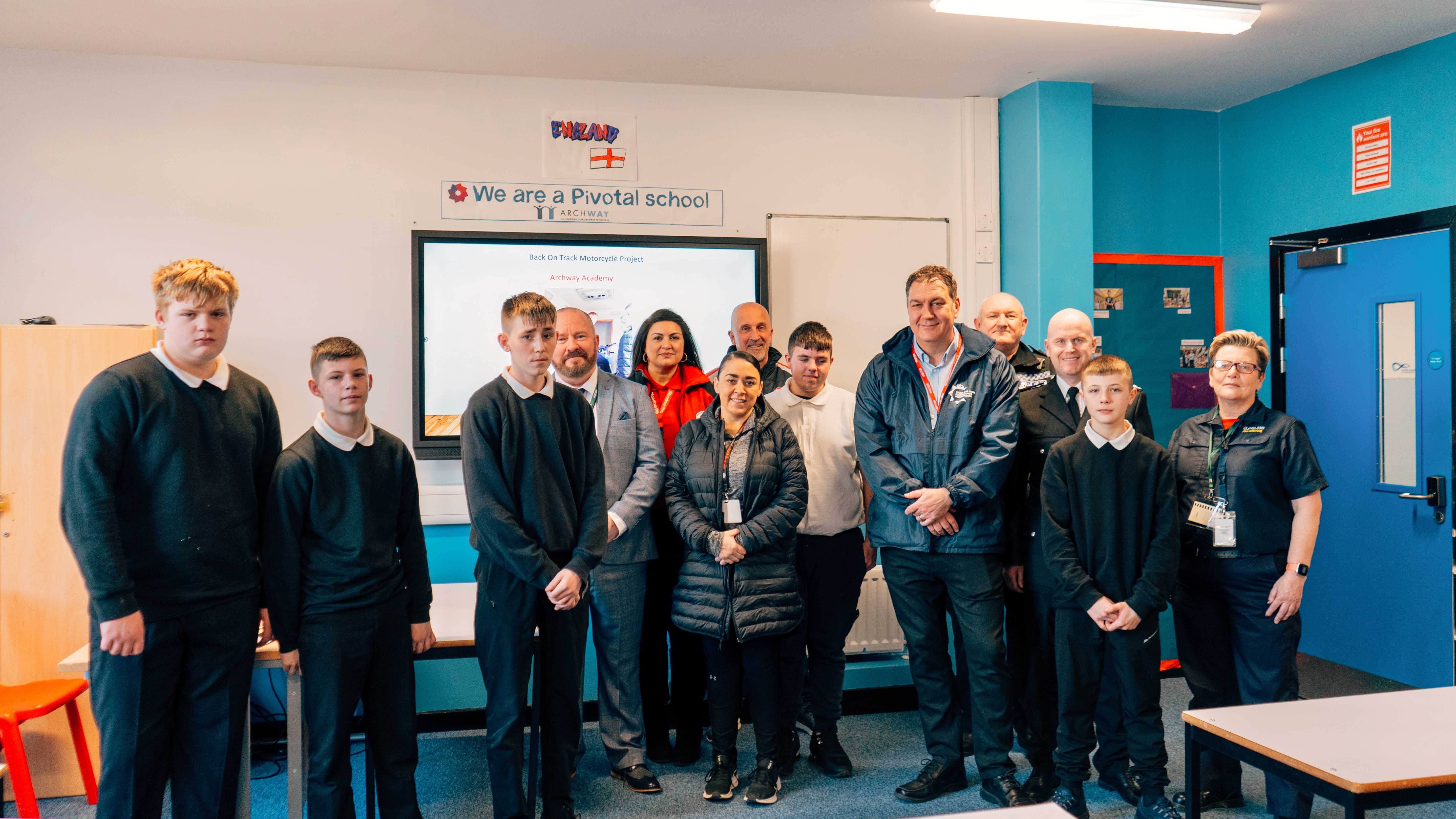 Back on Track Archways graduates from with, from left to right, fourth left, Graeme Small, Cleveland Police, fifth left, Shabnam Ali Khan, Emergency Blood Bikes, sixth left, Donna Lennox, Redcar and Cleveland Council, seventh left, Mick Dawson, MSG Bike Wear, fifth right, Cleveland PCC Steve Turner, fourth right, Chief Inspector Darren Bainbridge of Cleveland Police, third right Craig Strike, Cleveland Fire Brigade, and far right Rita Richardson, of Cleveland Fire Brigade